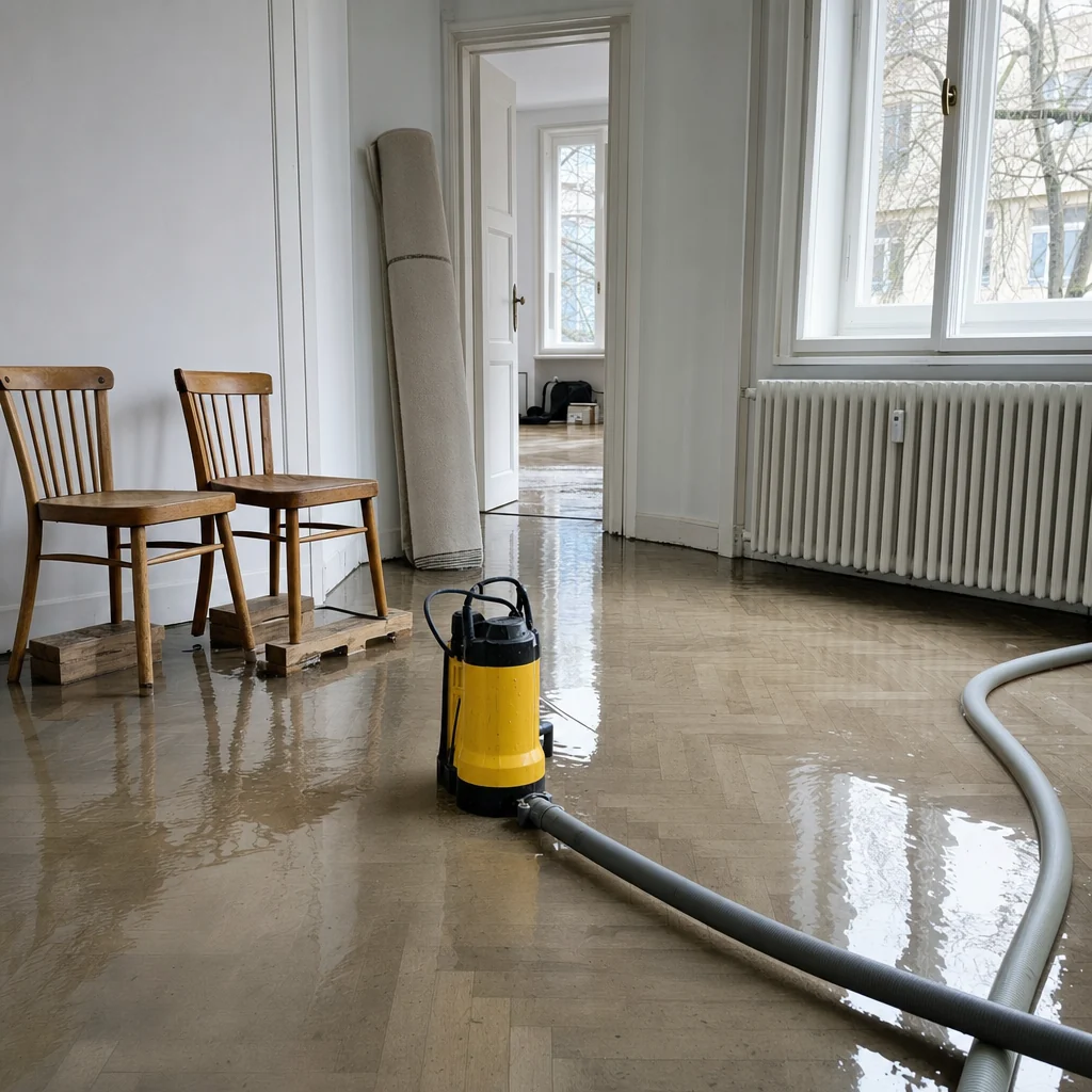 Überflutetes Parkett mit Tauchpumpe und Schlauch, Stühle auf Böcken gestellt