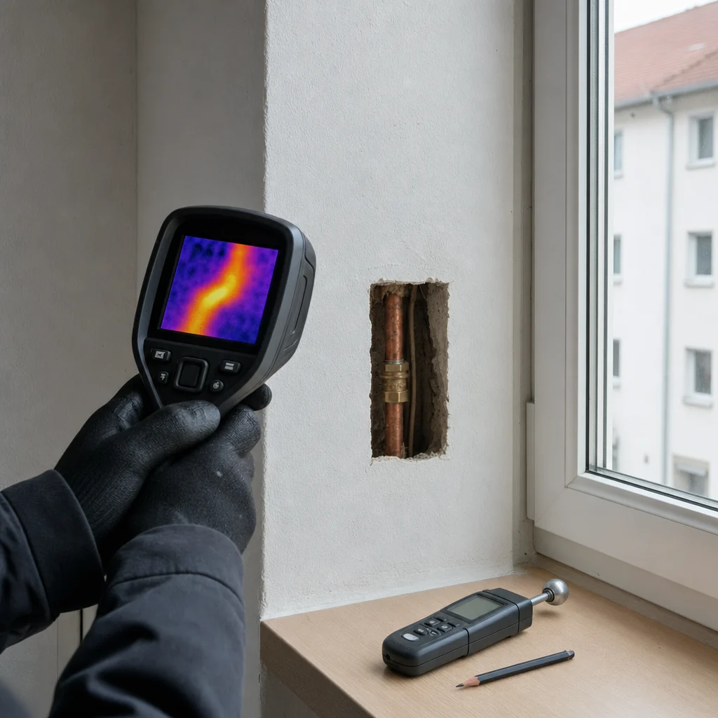 Leckortung mit Wärmebildkamera an der Wand, daneben eine geöffnete Stelle mit freiliegender Wasserleitung