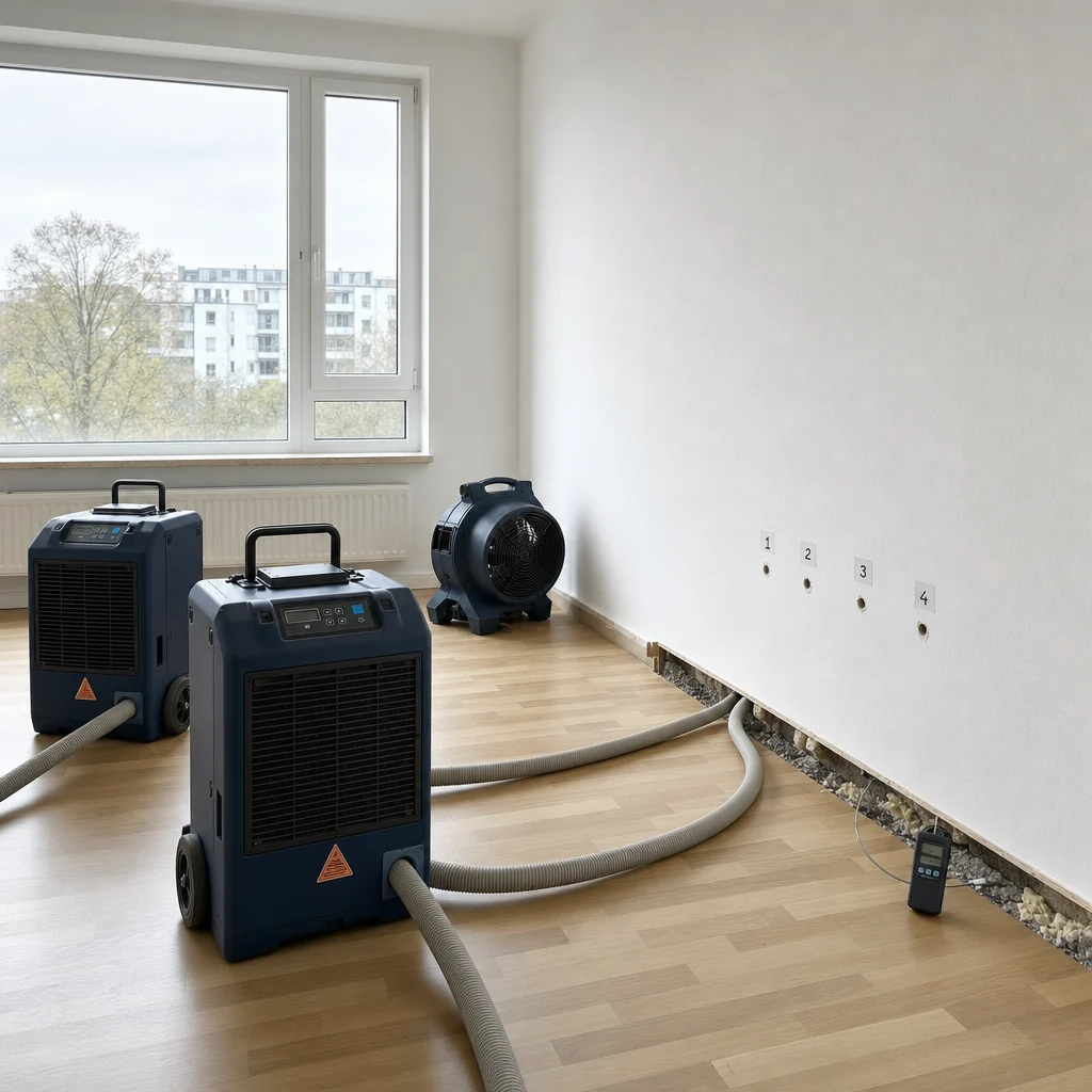 Zwei Kondenstrockner und ein Turbinenlüfter, Schläuche in der geöffneten Sockelleiste, nummerierte Messpunkte an der Wand