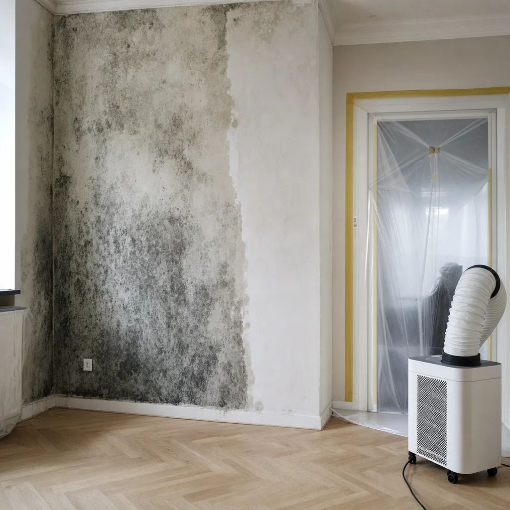 Wand zur Hälfte mit Schimmelbefall, zur Hälfte auf den blanken Putz zurückgebaut, dahinter Staubschutz und Luftreiniger