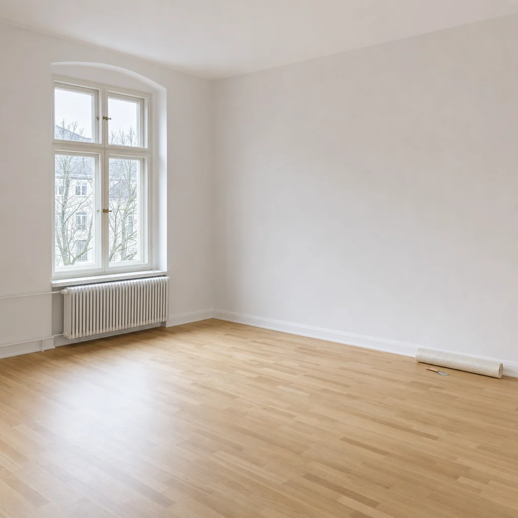 Fertig wiederhergestellter Raum mit neuem Parkett und frisch gestrichener Wand